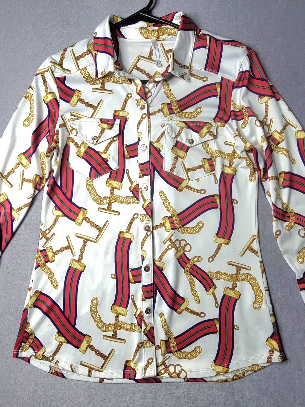 DNA couture White Blouse with Gold Chain & Red Ribbon Print Size S